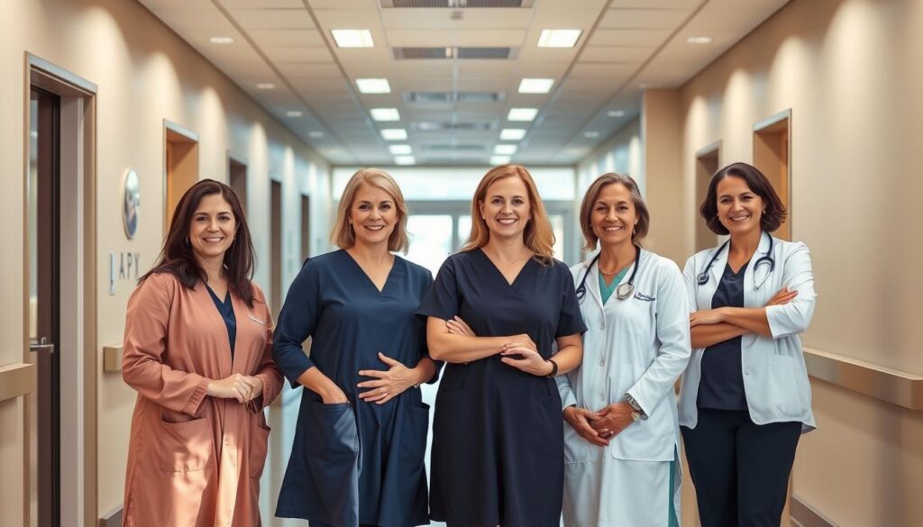 A group of trusted, compassionate Lutheran OBGYN providers standing confidently in a warm, welcoming clinical setting. Soft, natural lighting illuminates their serene expressions as they offer reassuring gestures, conveying the highest standards of personalized, faith-based women's healthcare. In the background, a modern, state-of-the-art medical facility radiates a sense of professionalism and expertise. The overall scene evokes an atmosphere of trust, comfort, and exceptional care tailored to the unique needs of the Lutheran community.