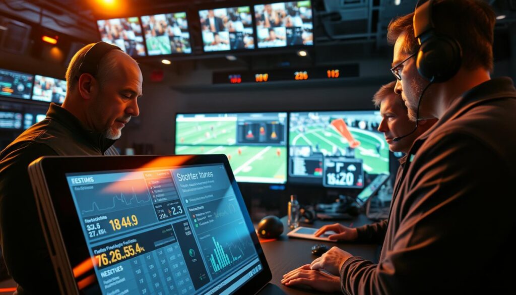 A high-intensity football game analysis scene. In the foreground, a large touchscreen display showcases detailed game statistics and player performance metrics, illuminated by warm lighting. The middle ground features coaches and analysts intently studying the data, their expressions focused and determined. In the background, a busy control room with multiple monitors, video feeds, and technical equipment, conveying the technical complexity of modern sports analysis. The overall atmosphere is one of analytical precision, strategic decision-making, and the relentless pursuit of game-winning insights.