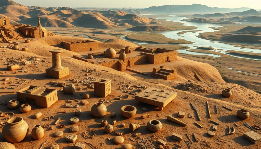 A high-resolution, detailed archaeological illustration of the Indus Valley Civilization, showcasing a collection of artifacts, monuments, and architectural remains from this ancient civilization. The foreground depicts various excavated artifacts such as pottery, jewelry, seals, and tools, arranged with care and precision. The middle ground features the imposing ruins of an Indus Valley city, with its distinctive mud-brick structures and geometric layout. In the background, rolling hills and a tranquil river create a serene, picturesque setting, conveying a sense of the civilization's connection to the natural landscape. The image is illuminated by soft, natural lighting, casting long shadows and highlighting the intricate details of the findings. The overall mood is one of scholarly discovery and historical significance, inviting the viewer to immerse themselves in the rich cultural heritage of the Indus Valley.