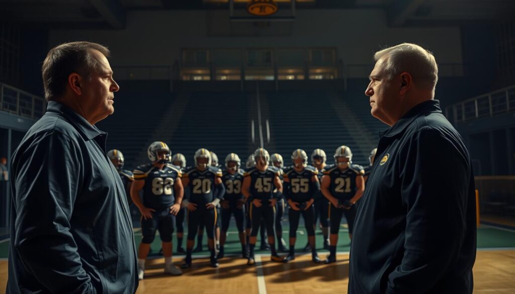 A high school sports arena, dimly lit with a warm, somber atmosphere. In the foreground, two coaches stand facing each other, their expressions tense and uneasy, suggesting a shift in leadership. The middle ground features players in uniform, their faces reflecting a sense of uncertainty as they watch the unfolding scene. In the background, a backdrop of locker rooms and stadium seating, casting long shadows across the scene, creating a palpable sense of change and transition.