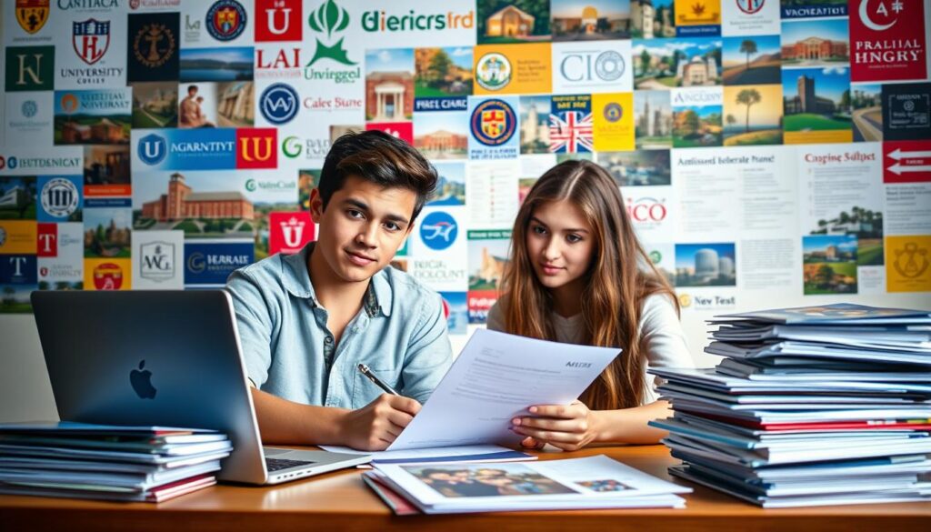 A high school student sitting at a desk, meticulously filling out an admissions application form, with a laptop and brochures on the desk, surrounded by stacks of college reference materials. The scene is illuminated by a warm, inviting lighting, creating a focused and diligent atmosphere. The student's expression conveys a sense of determination and purpose, as they navigate the important steps of the admissions process. In the background, a vibrant collage of university logos, campus scenes, and financial aid information creates a sense of the broader educational landscape.