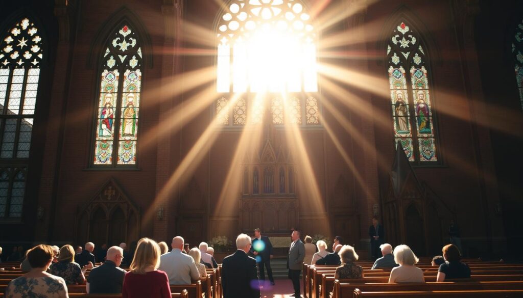 A historic Lutheran church, its stately facade adorned with intricate Gothic architecture. Sunlight streams through stained glass windows, casting a warm, reverent glow over the elegant renovation. In the foreground, a group of parishioners gathers, engaged in community initiatives that breathe new life into the hallowed space. The middle ground showcases the church's beautifully restored interior, wooden pews and ornate pulpit gleaming with care. The background reveals the church's prominent position within the local neighborhood, a testament to its enduring significance and the vibrant congregation that sustains it.