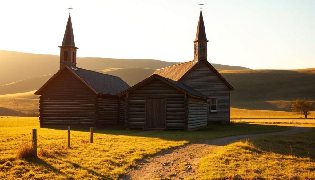 A historic Lutheran church stands tall, its steeple reaching skyward, surrounded by the weathered logs of a pioneer settler's cabin. The scene is bathed in warm, golden light, casting a soft glow over the scene. In the foreground, a well-worn path leads to the cabin's sturdy door, hinting at the stories of faith and community that have unfolded here over the generations. The rolling hills in the background provide a serene, pastoral backdrop, emphasizing the enduring connection between this sacred space and the land it has called home. This image captures the essence of St Lorenz Lutheran Church, a testament to the resilience and devotion of its congregation, who have nurtured their faith and served their community for over two centuries.