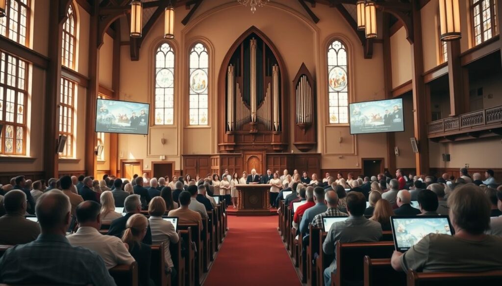 A large, airy sanctuary with warm, natural lighting from tall windows. In the foreground, a hybrid congregation of worshippers - some seated in wooden pews, others joining remotely on projection screens. The pulpit and altar are the focal point, draped in rich, liturgical fabrics. The middle ground shows a choir leading hymns, their voices echoing through the space. In the background, glimpses of stained glass and a towering pipe organ suggest the grandeur of the historic church building. An atmosphere of reverence, community, and connection permeates the scene.