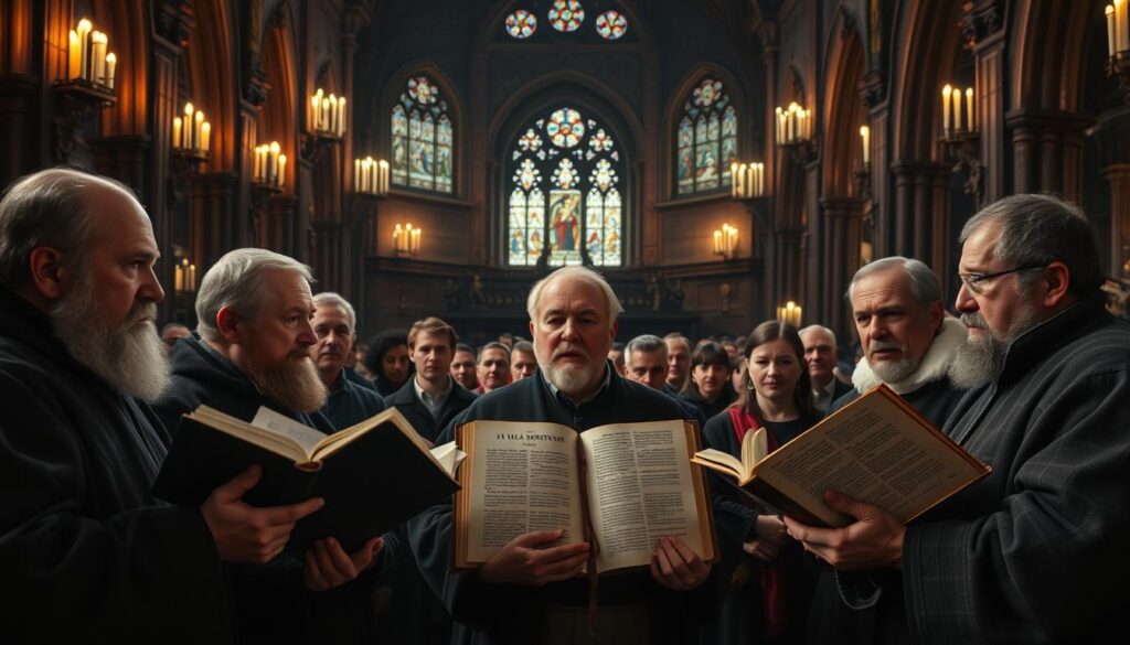 A large, ornate church interior, dimly lit by flickering candles and stained-glass windows. In the foreground, a group of Protestant reformers stand resolute, their faces etched with determination. They hold open bibles, gesturing passionately as they debate core theological doctrines - sola scriptura, sola fide, sola gratia. In the middle ground, congregants listen intently, their expressions a mix of reverence and defiance. The background fades into shadows, hinting at the broader social and political upheaval of the Reformation era. The scene conveys a sense of momentous change, as these visionary thinkers challenge the established order and lay the foundations for a new era of Protestant Christianity.