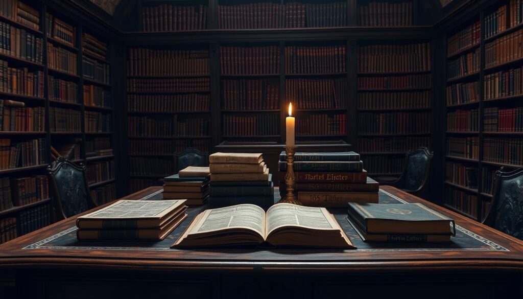 A large, ornate wooden table in a dimly lit, scholarly study. Atop the table, a collection of Martin Luther's most influential theological works, including the 95 Theses, the Catechism, and treatises on faith and salvation. The books are illuminated by the warm glow of a single candle, casting a contemplative, reverent atmosphere. In the background, floor-to-ceiling bookshelves filled with ancient tomes line the walls, hinting at the rich history and impact of Lutheran theology. The overall scene evokes a sense of timeless wisdom and the weight of Luther's enduring intellectual and spiritual legacy.