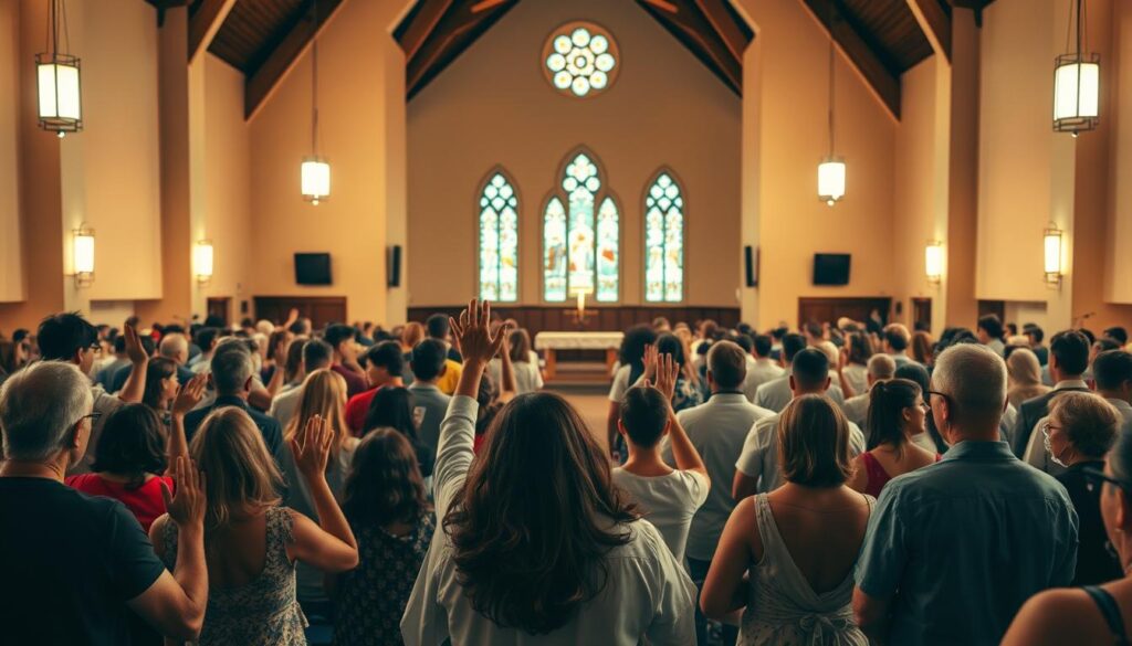 A large, welcoming church sanctuary filled with a diverse congregation engaged in a heartfelt worship service. Warm, diffused lighting illuminates the scene, casting a serene, reverent atmosphere. In the foreground, a group of people of all ages and backgrounds are standing with their hands raised, eyes closed, and expressions of deep devotion. The middle ground showcases the pulpit, altar, and stained-glass windows, drawing the viewer's attention to the central focus of the service. In the background, more attendees are seated, some bowing their heads in prayer, others listening intently to the service. The overall composition conveys a strong sense of community, unity, and a shared spiritual connection.