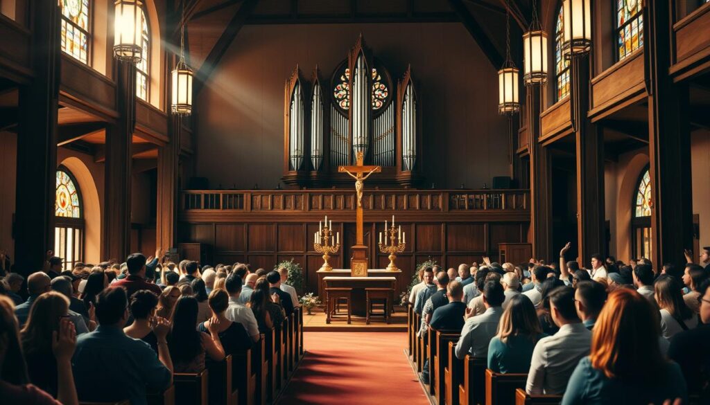 A large, well-lit hall with warm, natural lighting streaming through stained glass windows. In the foreground, a diverse congregation of believers gathered in pews, hands clasped in prayer or raised in worship. At the center, a simple wooden altar flanked by ornate candelabras and a large cross, conveying a sense of reverence and spirituality. In the background, an ornate pipe organ and choir loft, their music filling the air with a harmonious, ethereal quality. The mood is one of community, devotion, and a deep connection to the divine.