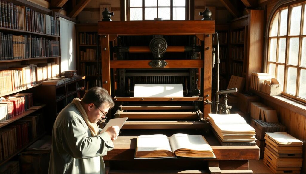 A large wooden printing press stands in a sunlit workshop, its intricate gears and levers casting dramatic shadows. In the foreground, a skilled operator carefully inks the movable type, preparing to press a sheet of paper and reproduce the written word. Bookshelves line the walls, filled with tomes on theology and philosophy, hinting at the revolutionary ideas soon to be disseminated. The atmosphere is one of quiet focus and the anticipation of change, as this technological marvel empowers the spread of Reformation teachings throughout the land.
