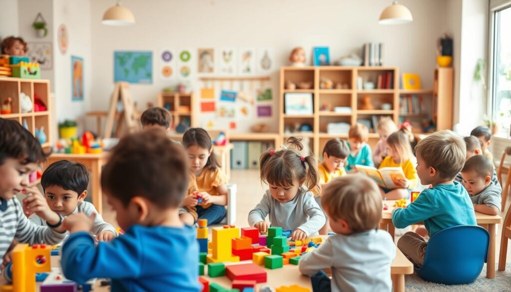 A lively classroom filled with vibrant play-based learning activities. In the foreground, children enthusiastically engage in hands-on experiments, building blocks, and imaginative role-play. The middle ground features an interactive art station, where young learners explore color, texture, and creativity. In the background, a cozy reading nook invites children to curl up with picture books, fostering early literacy skills. Warm, natural lighting illuminates the scene, evoking a sense of wonder and discovery. The overall atmosphere is one of joy, curiosity, and the nurturing of young minds through playful exploration.