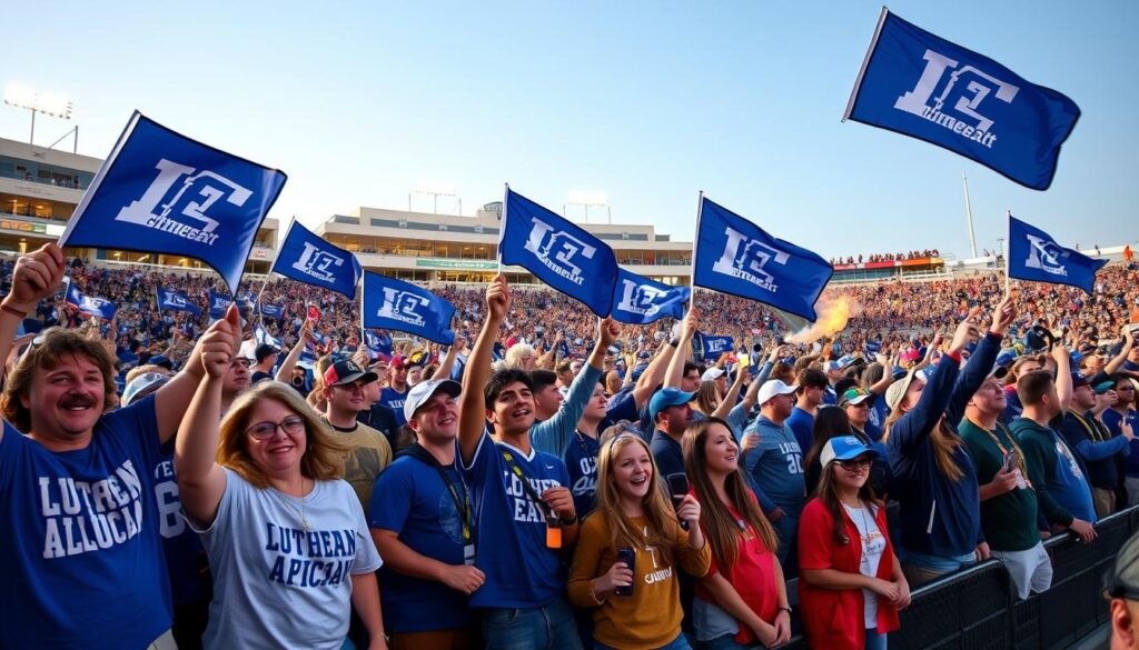 A lively football stadium filled with energetic fans waving Lutheran East flags and banners. In the foreground, a group of enthusiastic supporters leading cheers and chants, their faces animated with school spirit. In the middle ground, families and friends gather in the stands, engaged in friendly banter and bonding over their shared love of the game. The background showcases the vibrant atmosphere, with the stadium's architecture and lighting creating a warm, inviting ambiance. Overhead, a crisp, clear sky adds a sense of openness and possibility. The scene conveys the power of fan engagement, capturing the excitement, camaraderie, and unwavering support that fuels the Lutheran East football team.