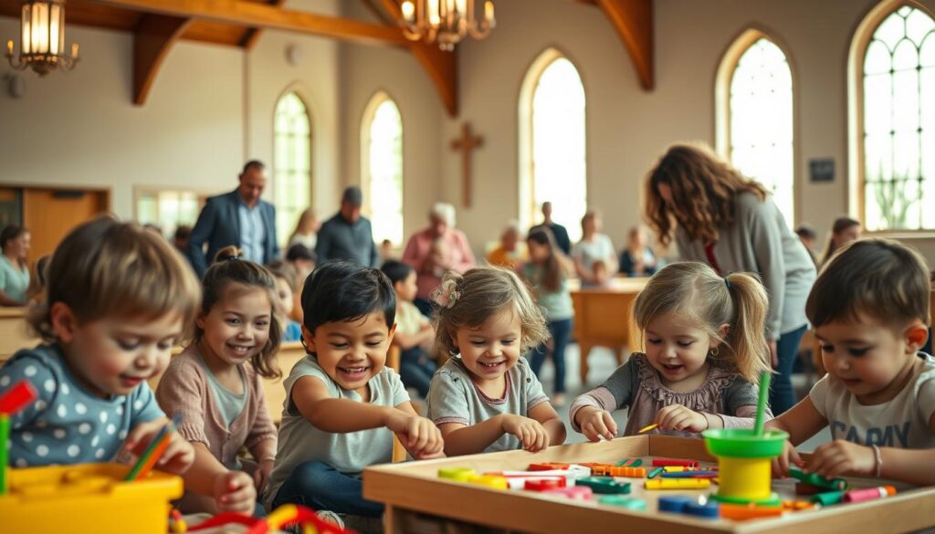 A lively scene of a family-friendly preschool program set in a warm, inviting church environment. In the foreground, a group of young children engage in imaginative play, their faces alight with joy as they explore educational toys and craft materials. In the middle ground, attentive parents and teachers guide the children, fostering a nurturing and supportive atmosphere. The background showcases the church's welcoming architecture, with natural light flooding through large windows, casting a soft, golden glow over the entire scene. The overall mood is one of community, learning, and family-centered activities.
