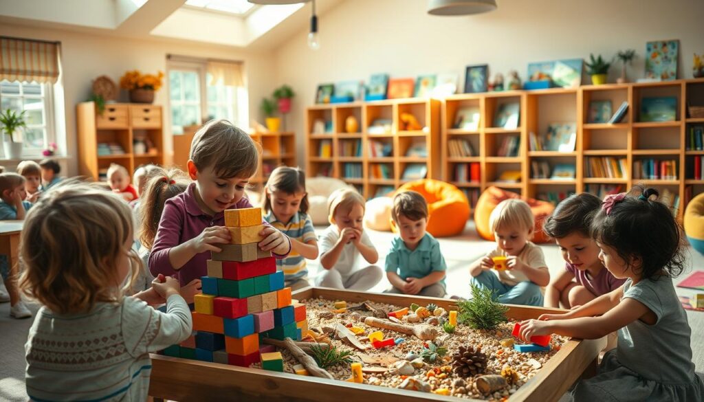 A lively, sun-drenched classroom filled with children engaged in a variety of play-based learning activities. In the foreground, a group of young students collaboratively build an intricate block tower, their faces alight with concentration. In the middle ground, others explore a sensory table filled with colorful textures and natural materials, fostering their curiosity and fine motor skills. The background showcases a reading nook with plush beanbags and shelves brimming with vibrant picture books, inviting further discovery and imagination. Warm, diffused lighting casts a gentle glow, creating a nurturing, inviting atmosphere that embodies the joyful, hands-on approach to early childhood education.