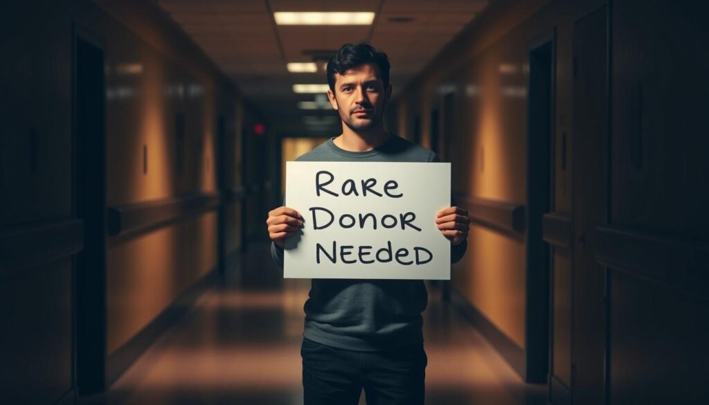 A lone individual stands in a dimly lit hospital corridor, their expression pensive as they hold a sign reading "Rare Blood Donor Needed." The scene is shot from a low angle, creating a sense of urgency and importance. Soft, warm lighting illuminates the subject, casting shadows that suggest the gravity of the situation. The background is blurred, drawing the viewer's focus to the central figure and their plea for help. The atmosphere is somber, yet hopeful, capturing the emotional journey of someone with a rare blood type seeking a lifeline.