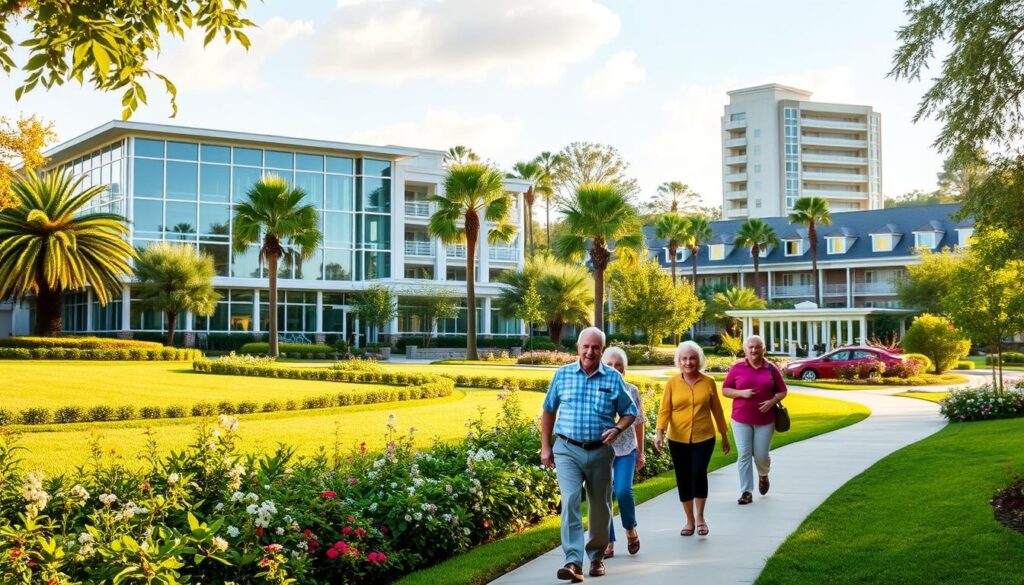 A lush, meticulously landscaped community nestled in the heart of Orlando, showcasing the diverse senior living options available. In the foreground, a group of vibrant residents enjoying a leisurely stroll along a well-paved pathway, surrounded by verdant foliage and blooming flowers. The middle ground features a modern, elegantly designed independent living facility, its gleaming windows reflecting the warm, Florida sun. In the background, a tranquil assisted living residence stands tall, its serene façade complemented by a peaceful garden. The entire scene is bathed in a soft, golden light, evoking a sense of comfort, security, and the fulfillment of a cherished, active retirement lifestyle.