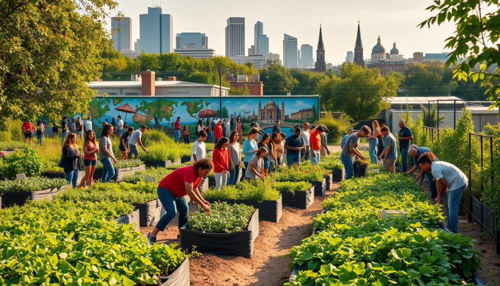 A lush, verdant community garden with raised planter beds and winding paths. In the foreground, a diverse group of people of all ages and backgrounds work together to tend to the plants, their faces alight with joy and a sense of purpose. In the middle ground, a large, colorful mural depicting scenes of global connectivity and cultural exchange adorns the walls of a nearby community center. The background features a skyline of modern high-rises and historic church spires, symbolic of the blending of traditional and contemporary elements. Warm, natural lighting illuminates the scene, creating a serene and inviting atmosphere that evokes a deep sense of global community outreach and connection.