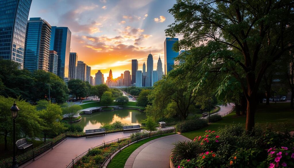 A lush, verdant urban oasis with a serene pond at its heart, surrounded by towering skyscrapers and bustling streets. In the foreground, a tranquil walkway lined with flourishing trees and vibrant flowers, inviting visitors to stroll and unwind. The middle ground features a scenic overlook with ornate benches, offering a panoramic view of the downtown skyline. In the background, a dramatic, golden-hour sky bathes the scene in a warm, inviting glow, captured through the lens of a wide-angle camera. This idyllic urban sanctuary exudes a sense of calm and connection, a peaceful respite in the heart of the city.
