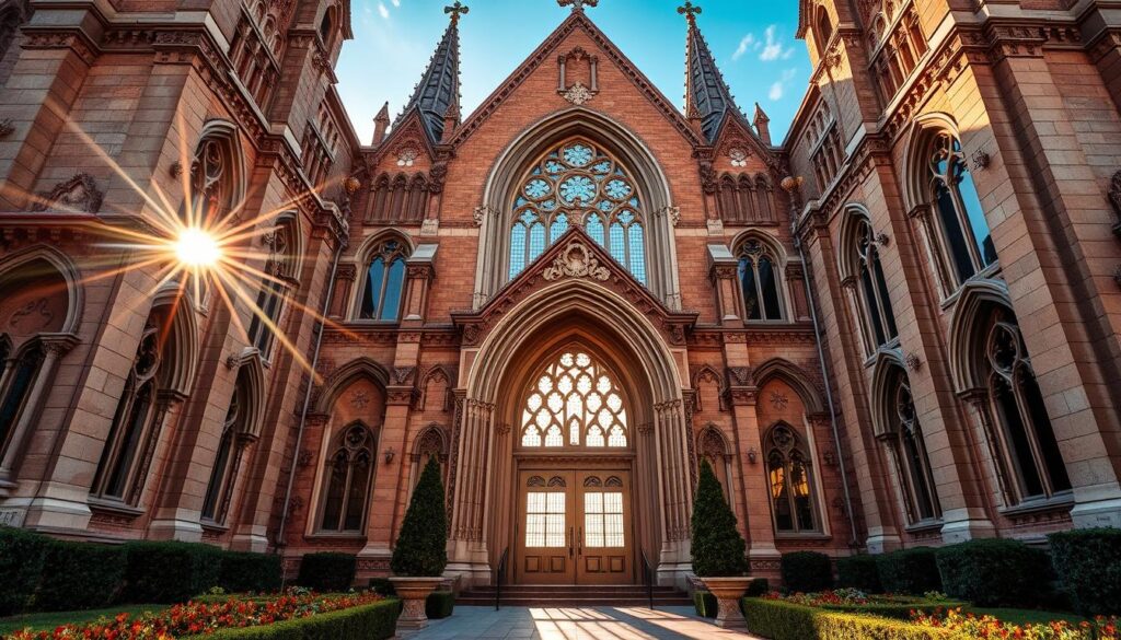 A magnificent Protestant church facade, capturing the architectural splendor of Florence, South Carolina. The grand arched entryway is framed by ornate columns and intricate stone carvings, exuding a sense of timeless elegance. Sunlight streams through the stained glass windows, casting a warm, ethereal glow upon the ornate gothic-inspired spires that reach skyward. In the foreground, carefully manicured gardens and a paved walkway lead visitors towards the impressive main entrance, inviting them to explore the cultural significance and spiritual essence of this historic place of worship.