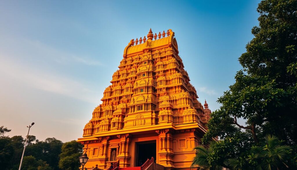 A majestic Hindu temple standing tall, its ornate spires reaching towards the heavens. The intricate carvings and vibrant colors of the façade captivate the eye, transporting the viewer to a realm of ancient spiritual traditions. The temple is set against a backdrop of a serene, lush landscape, with lush greenery and a clear azure sky. Warm, diffused lighting casts a golden glow, imbuing the scene with a sense of timelessness and reverence. The temple's grandeur and timeless elegance embody the rich history and enduring spiritual essence of Hinduism, inviting contemplation and a deeper connection with the divine.
