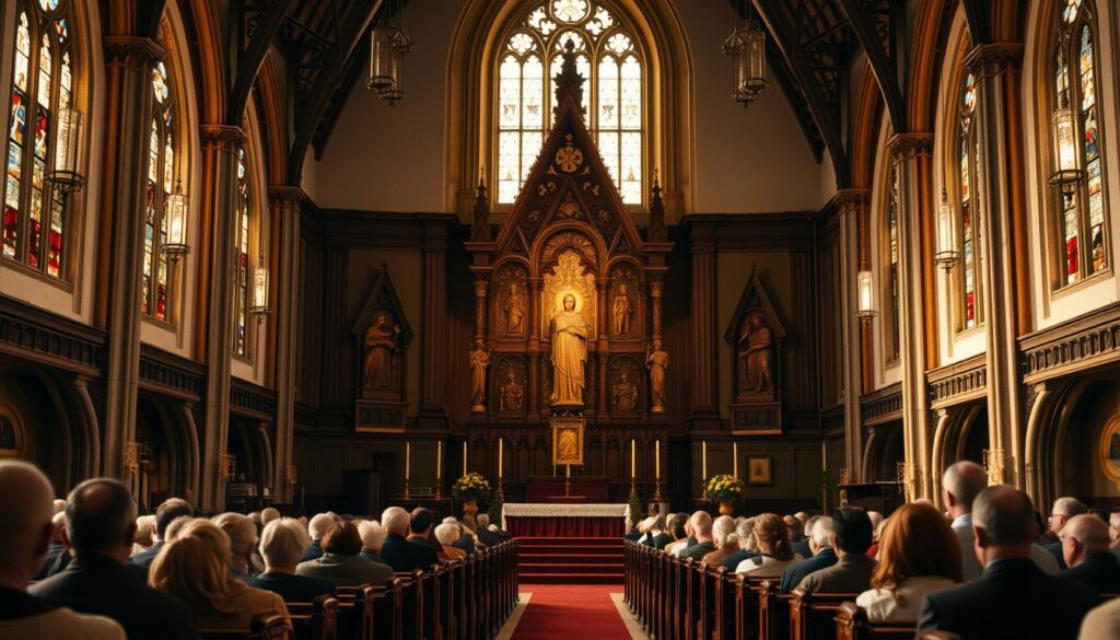 A majestic Lutheran church, its steeple reaching skyward, stands as a beacon of tradition and faith. Inside, the sanctuary is bathed in warm, filtered light filtering through stained glass windows, casting a reverent glow. Congregants, their faces etched with devotion, gather in the pews, honoring cherished rituals and hymns that have echoed through these hallowed halls for generations. The altar, adorned with intricate carvings and rich tapestries, is a testament to the unwavering commitment to preserving the timeless essence of this religious community. The scene conveys a sense of timelessness, where the past and present intertwine, ensuring the enduring legacy of Lutheran tradition.