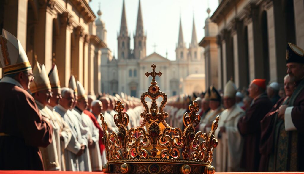 A majestic Roman Catholic church hierarchy, captured in a grand, sweeping composition. In the foreground, a detailed depiction of the papal tiara, symbolic of the supreme authority of the Pope. The middle ground features robed cardinals, bishops, and priests, arrayed in a stately procession, their faces conveying a sense of reverence and devotion. In the background, the towering spires and ornate facades of a grand cathedral, bathed in warm, golden light, casting an aura of sacred grandeur. The scene evokes a profound sense of tradition, spiritual power, and the hierarchical structure that defines the organization of the Roman Catholic Church.