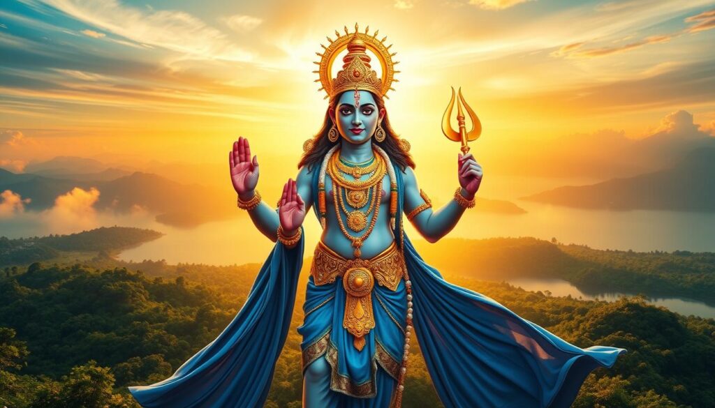 A majestic avatar of Lord Vishnu, the preserver of the universe, stands tall and serene. He is adorned with intricate gold jewelry, a radiant crown, and a flowing blue garment that cascades around him. In his four hands, he holds the sacred conch, the disc, the mace, and the lotus flower, symbols of his divine powers. The background is a breathtaking landscape, with lush greenery, a shimmering lake, and a vibrant sky filled with soft, golden hues. The lighting is warm and ethereal, casting a gentle glow on the avatar's face, conveying a sense of tranquility and benevolence. This captivating image invites the viewer to delve deeper into the rich tapestry of Hindu mythology and the embodiment of Vishnu's protective and preserving essence.