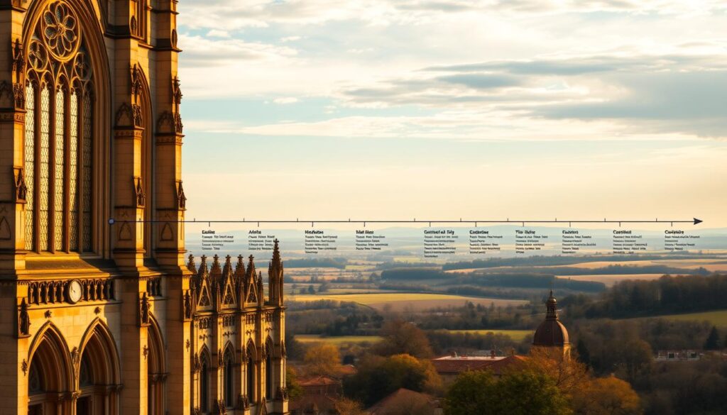 A majestic cathedral in the foreground, its grand Gothic architecture and stained glass windows bathed in warm, golden light. In the middle ground, a timeline unfurls, chronicling the key events and milestones in the history of Catholicism, from its founding to the present day. The background features a serene, expansive landscape, with rolling hills and a distant horizon, symbolizing the enduring legacy and global reach of the faith. The scene exudes a sense of reverence, history, and spiritual contemplation, perfectly capturing the essence of "Exploring the Historical Timeline" of Catholicism.