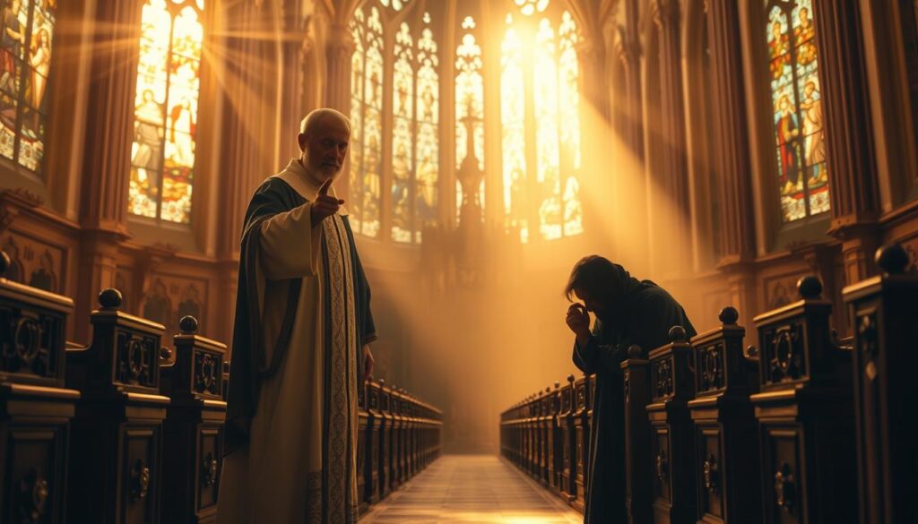 A majestic cathedral interior, bathed in warm, golden light streaming through stained glass windows. In the foreground, two figures stand in stark contrast - a saintly, robed figure radiating benevolence, and a cowering, shadowy figure representing the sinner. The saintly figure extends a hand in forgiveness, while the sinner's face is shrouded in guilt and remorse. Ornate wooden pews and intricate architectural details fill the middle ground, creating a sense of reverence and gravitas. The background fades into a hazy, ethereal atmosphere, emphasizing the spiritual and transcendent nature of the scene. Soft, dramatic lighting and a careful, cinematic composition evoke the weight and significance of the Lutheran identity as both saint and sinner.