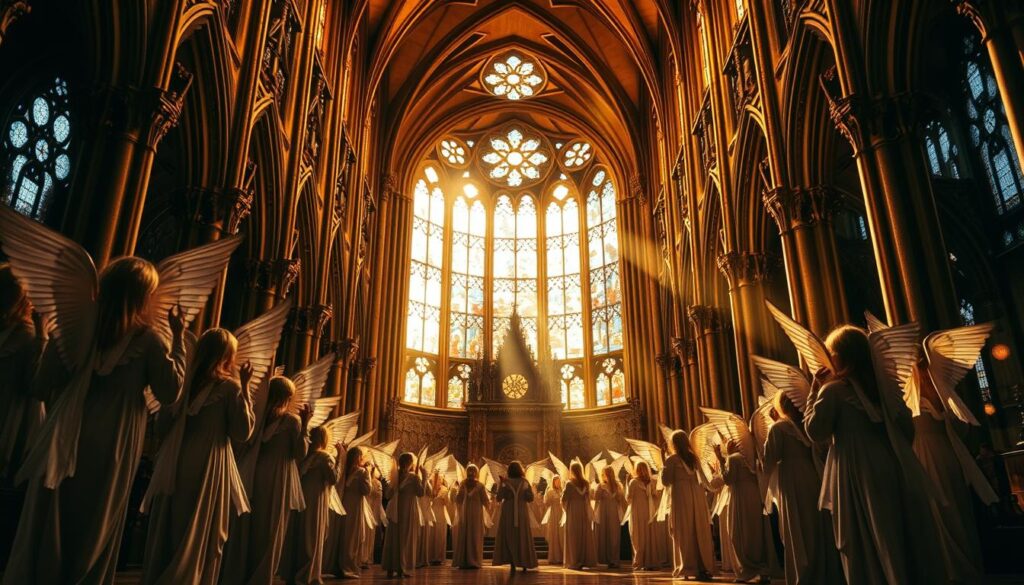 A majestic cathedral interior bathed in warm, golden light. In the foreground, a choir of angelic figures clad in flowing robes, their voices harmonizing in a mesmerizing isorhythmic hymn. The middle ground reveals ornate stained-glass windows, casting kaleidoscopic patterns on the marble floors. In the background, the vaulted ceilings rise high, adorned with intricate Gothic architecture. A sense of transcendent spirituality and reverence permeates the scene, drawing the viewer into the sublime power of this sacred musical form.