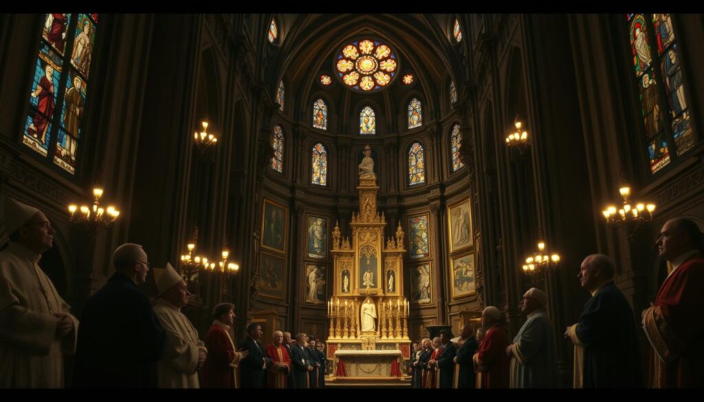 A majestic cathedral interior, dimly lit by stained glass windows, casting a warm, reverent glow. In the foreground, a gathering of Catholic historical figures - popes, saints, scholars, and theologians - standing solemnly, their robes and vestments meticulously detailed. In the middle ground, religious iconography and artwork adorn the walls, while in the background, a grand, ornate altar stands as the centerpiece, exuding a sense of spiritual grandeur. The scene conveys a profound reverence for the rich history and enduring influence of Catholicism, captured through a cinematic, high-contrast lens.