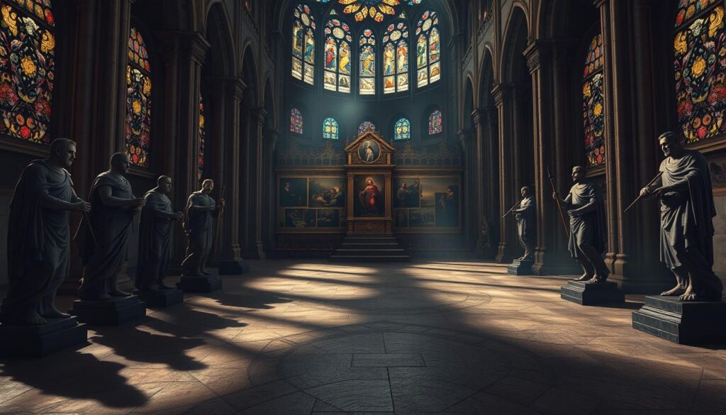 A majestic cathedral interior, dimly lit by stained glass windows. In the foreground, seven allegorical figures representing the seven deadly sins - Pride, Greed, Lust, Envy, Gluttony, Wrath, and Sloth - each depicted with vivid, symbolic imagery. The figures are positioned in a semicircle, casting long, dramatic shadows across the ornate stone floor. In the middle ground, a series of historical paintings and frescoes line the walls, depicting the evolution of these moral concepts throughout the ages. The background is shrouded in a sense of mystery and reverence, as if the viewer is witnessing a solemn, timeless ceremony.