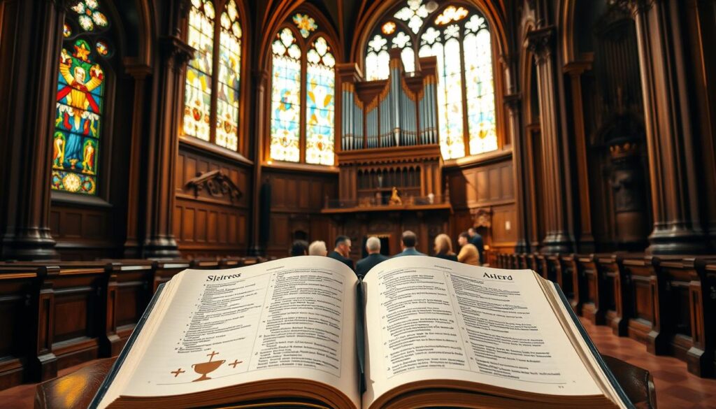 A majestic cathedral interior, stained glass windows casting warm hues across the ornate wooden pews. In the foreground, an open Bible rests on a lectern, its pages illuminated by a soft, heavenly light. Surrounding it, intricate religious symbols and iconography - a cross, a dove, a chalice - symbolizing the core tenets of Lutheran biblical interpretation. The middle ground features a group of scholars deep in discussion, their expressions thoughtful as they ponder the scriptures. In the background, a grand pipe organ towers, its pipes reaching towards the vaulted ceiling, a testament to the reverence and centrality of the Word in Lutheran tradition. The overall scene conveys a sense of reverence, contemplation, and the timeless relevance of Lutheran principles of biblical hermeneutics.