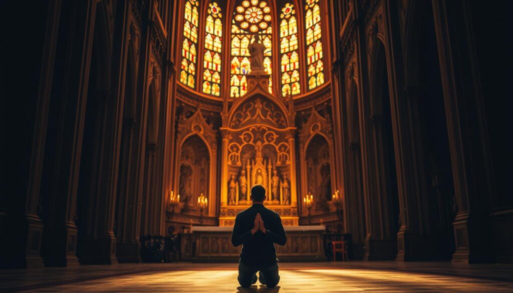 A majestic cathedral interior, the stained glass windows casting warm, golden light upon the ornate altar. In the foreground, a lone figure kneels in prayer, hands clasped, face upturned with a look of profound reverence and faith. Surrounding the figure, swirling motes of dust dance in the divine illumination, lending an ethereal, transcendent quality to the scene. The architecture recedes into the middle ground, its soaring arches and intricate carvings conveying a sense of grandeur and spiritual weight. In the background, the shadowed aisles and alcoves suggest the expansive nature of the sacred space, inviting the viewer to contemplate the magnitude of the divine.