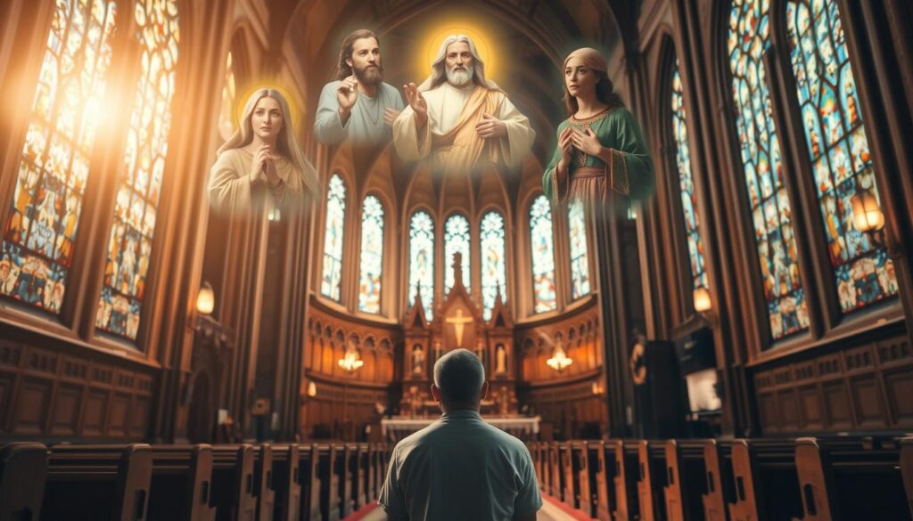 A majestic cathedral interior with stained glass windows casting warm, reverent light. In the foreground, a kneeling figure gazes upwards, hands clasped in fervent prayer. Floating above, ethereal images of Catholic saints appear, their faces radiating divine grace and interceding on behalf of the supplicant. Ornate altars and religious iconography adorn the middle ground, creating a sense of sacred, mystical atmosphere. In the background, rows of wooden pews recede into the distance, evoking a profound, contemplative mood. A serene, cinematic lighting illuminates the scene, capturing the essence of Catholic devotion and the power of saintly intercession.