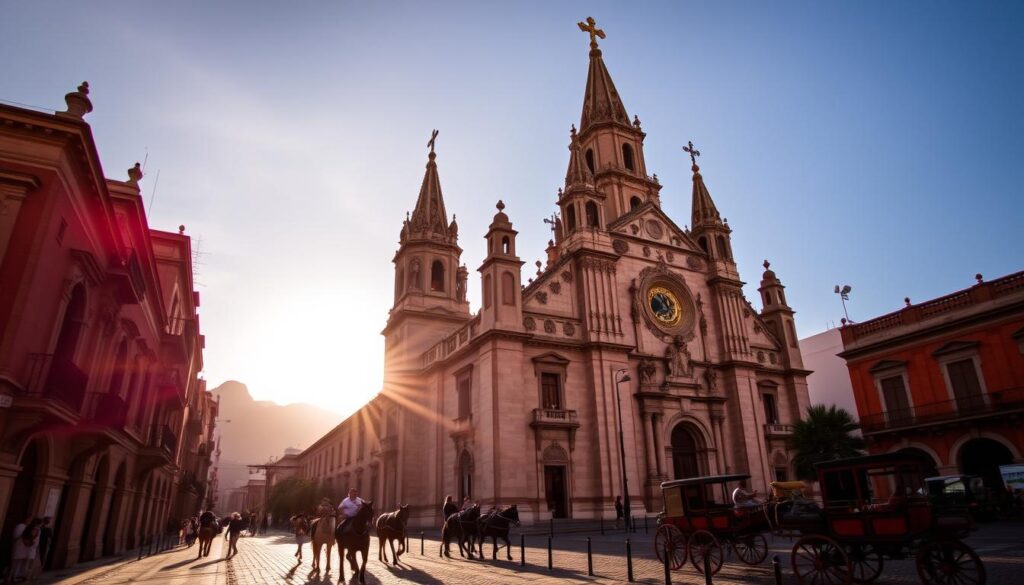 A majestic colonial church stands tall, its towering spires and ornate facades reflecting the Spanish conquest's lasting influence on Mexican architecture. Sunlight filters through stained glass windows, casting warm hues across the intricate stone carvings and ornate altars within. The church's grand scale and European-inspired design symbolize the deep roots of Catholicism in this once-colonized land. In the foreground, cobblestone streets and horse-drawn carriages evoke the historical atmosphere, while in the background, the silhouettes of distant mountains hint at the vast and diverse landscape that witnessed this cultural transformation.