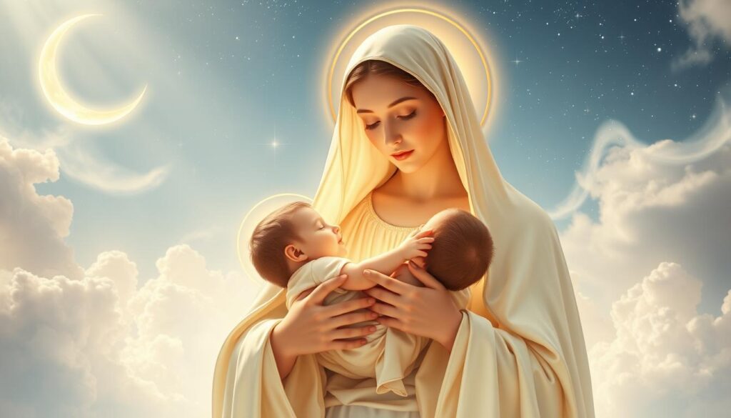 A majestic, ethereal vision of divine motherhood and immaculate conception. In the foreground, a serene and radiant Madonna, her features suffused with a heavenly glow, holds the infant Jesus tenderly in her arms. Delicate robes of pure white cascade around her, evoking a sense of purity and grace. The middle ground is bathed in a soft, heavenly light, with wispy clouds parting to reveal a celestial backdrop of shimmering stars and a luminous crescent moon. A halo of golden light encircles the Madonna, signifying her sacred status. The overall atmosphere is one of reverence, contemplation, and the profound mystery of the Incarnation.