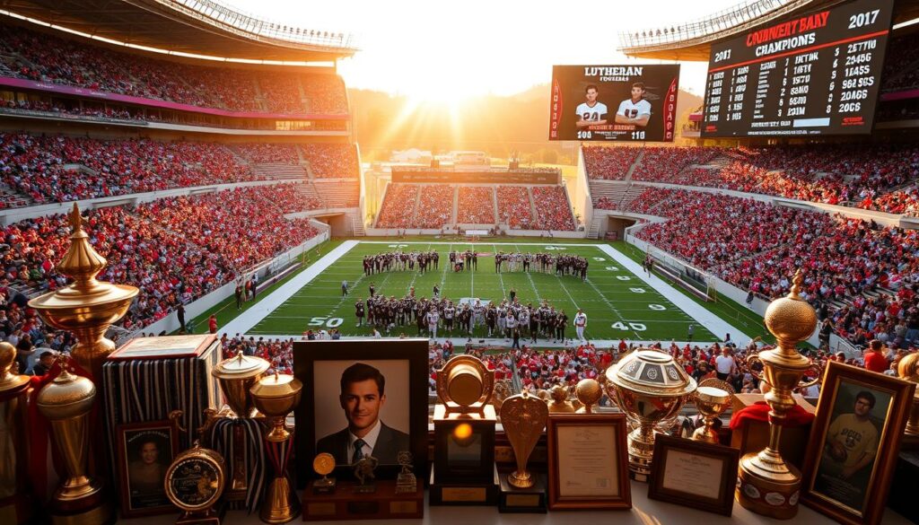 A majestic football stadium with grandstands filled with cheering fans, the field bathed in warm golden sunlight. In the foreground, a collection of trophies, medals, and framed team photographs, each one a testament to the proud history and accomplishments of the Lutheran football program. The middle ground features players in uniform, their faces determined as they strategize and prepare for the big game. In the background, a towering scoreboard displays the team's impressive records and championships, a visual representation of their tradition of excellence.