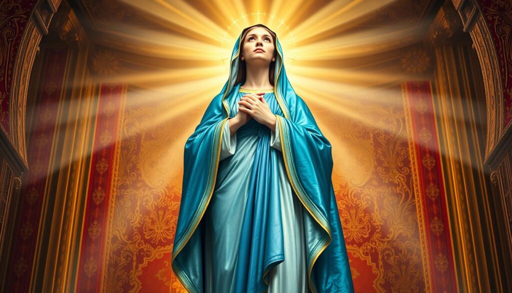 A majestic, full-length portrait of the Blessed Virgin Mary, standing tall and radiant, depicted as the New Testament Ark of the Covenant. She is swathed in a shimmering blue robe, her hands reverently clasped, gazing heavenward with a serene, contemplative expression. Beams of heavenly light emanate from behind her, casting a warm, ethereal glow upon her figure. In the background, a rich, ornate tapestry of gold and crimson hues evokes the grandeur of the ancient temple. The composition is balanced and symmetrical, emphasizing Mary's central role as the vessel chosen to carry the Divine Word made flesh. The overall tone is one of profound reverence and spiritual contemplation.