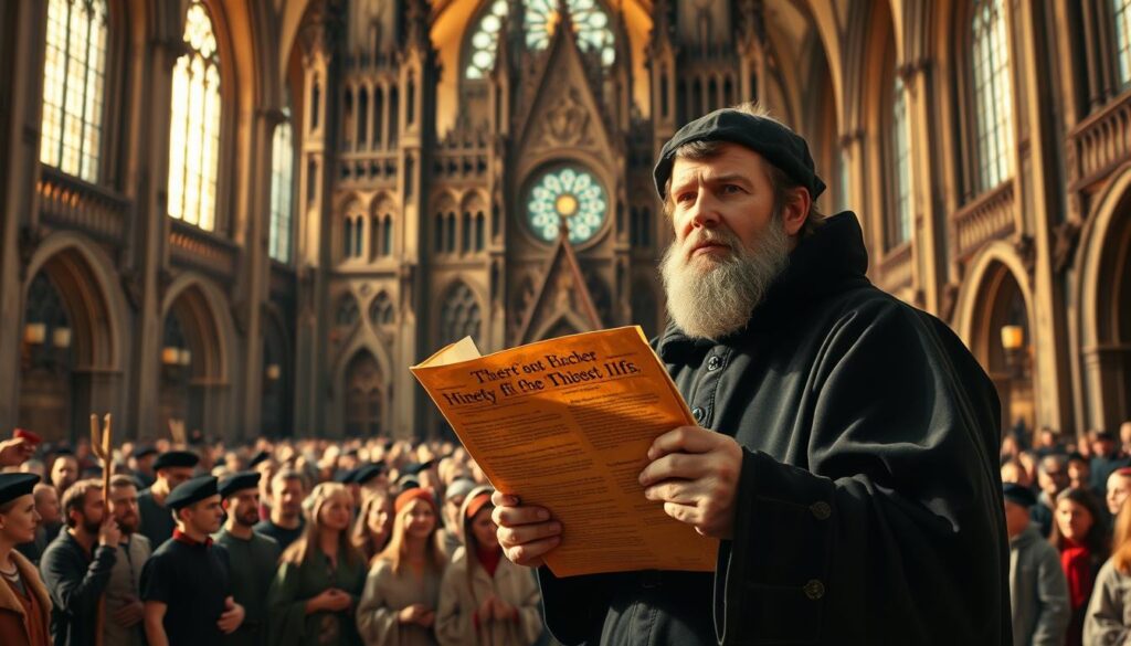 A majestic, hand-painted depiction of Martin Luther's Ninety-Five Theses, set against the backdrop of a grand cathedral in the late 15th century. In the foreground, Luther stands resolute, his weathered face etched with determination as he holds the parchment scrolls, the iconic Wittenberg church looming behind him. The middle ground is filled with a crowd of clergy and townspeople, their expressions ranging from shock to reverence, as the historic moment unfolds. Warm, golden light filters through the stained glass windows, casting a reverent glow over the scene, capturing the weight and significance of this pivotal event that would shape the course of the Protestant Reformation.