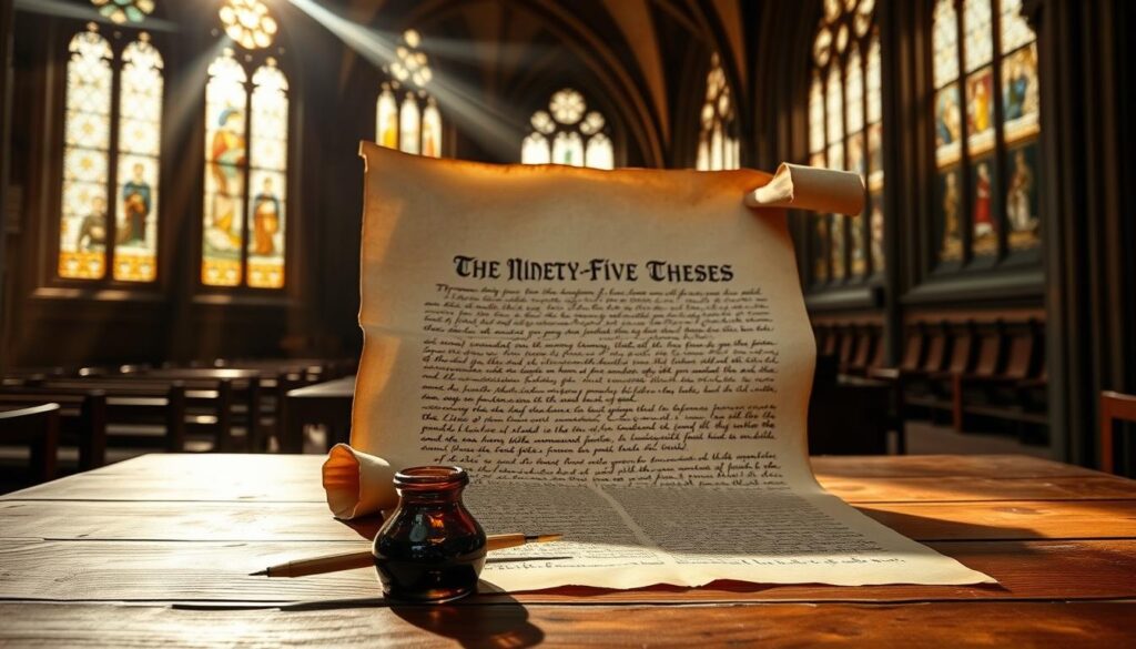 A medieval parchment scroll unfurled, revealing the Ninety-Five Theses handwritten in ornate calligraphy against a backdrop of a dimly lit Gothic cathedral. Sunlight streams through stained glass windows, casting a warm, reverent glow over the historic document. In the foreground, a quill pen and ink well rest on a worn wooden table, symbolizing the profound impact of Martin Luther's radical ideas that sparked the Protestant Reformation. The atmosphere is one of solemn contemplation, a pivotal moment in the birth of Lutheranism captured in a single, evocative image.