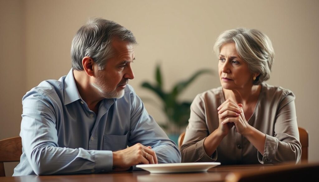A middle-aged couple sits at a table, engaged in a thoughtful discussion. The man, dressed in a button-down shirt, leans forward, his brow furrowed, as the woman, wearing a modest blouse, listens intently, her hands clasped. The lighting is soft and warm, casting a contemplative glow on their faces. The background is blurred, placing the focus on their intimate conversation. The atmosphere is one of careful consideration, as they weigh the implications of their family planning decisions within the context of their religious beliefs.