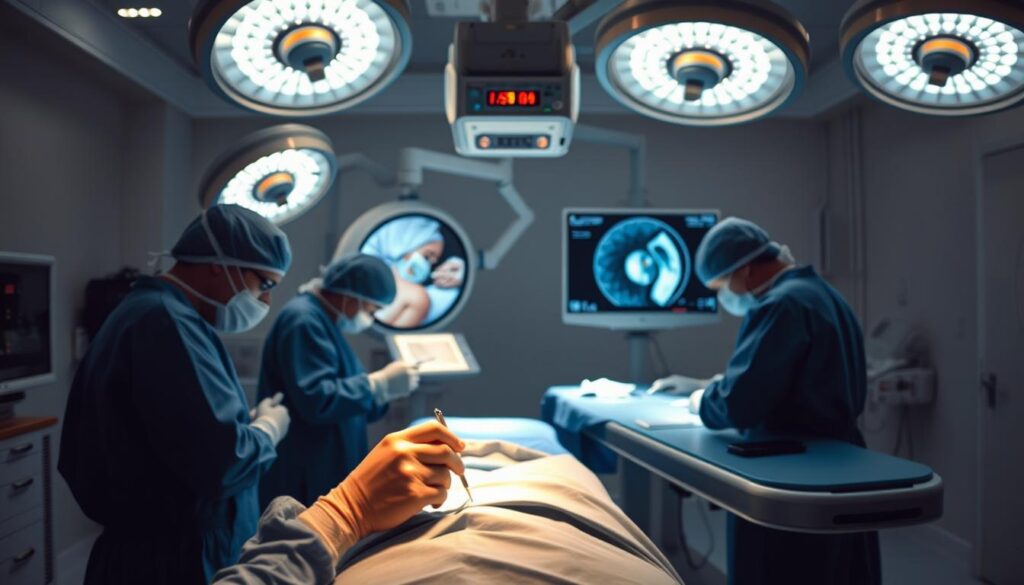 A minimally invasive surgical suite, dimly lit with surgical lamps casting a warm glow. In the foreground, a team of skilled surgeons performing a delicate procedure, their hands deftly manipulating tiny instruments through small incisions. The middle ground showcases advanced imaging technology, providing real-time visual guidance. In the background, a sleek, state-of-the-art operating table and a meticulously clean, sterile environment. The atmosphere is one of precision, focus, and a commitment to patient-centered care.