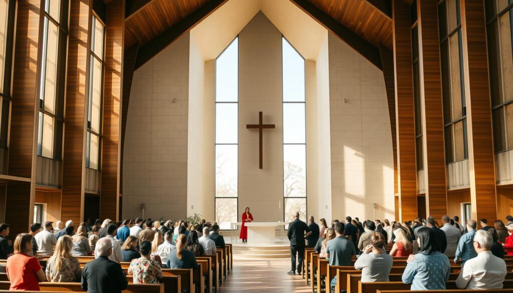 A modern Catholic church, its facade a striking blend of traditional and contemporary elements. The interior is bathed in warm, natural light filtering through large, minimalist windows. Congregants, dressed in a diverse array of attire, engage in quiet contemplation and discussion, grappling with the challenges of adapting age-old traditions to the demands of the modern world. The altar, a sleek, understated design, stands as a symbol of the church's efforts to modernize without losing its core essence. The atmosphere is one of thoughtful introspection, as the community navigates the delicate balance between preserving the past and embracing the future.