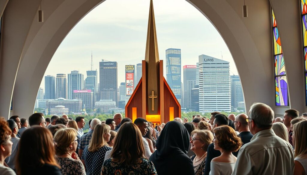 A modern Lutheran church stands tall, its steeple reaching towards the sky. In the foreground, a diverse congregation gathers, their faces reflecting a spectrum of ages and ethnicities. They engage in lively discussion, their gestures animated as they share their faith and its relevance in the 21st century. The mid-ground reveals a bustling urban landscape, skyscrapers and neon signs a testament to the ever-changing nature of culture. Yet, the church remains a steadfast beacon, its stained-glass windows casting a warm, inviting glow. Soft, natural lighting illuminates the scene, creating an atmosphere of reflection and contemplation. This image captures the Lutheran witness, adapting to the demands of modern life while staying true to its enduring spiritual foundations.