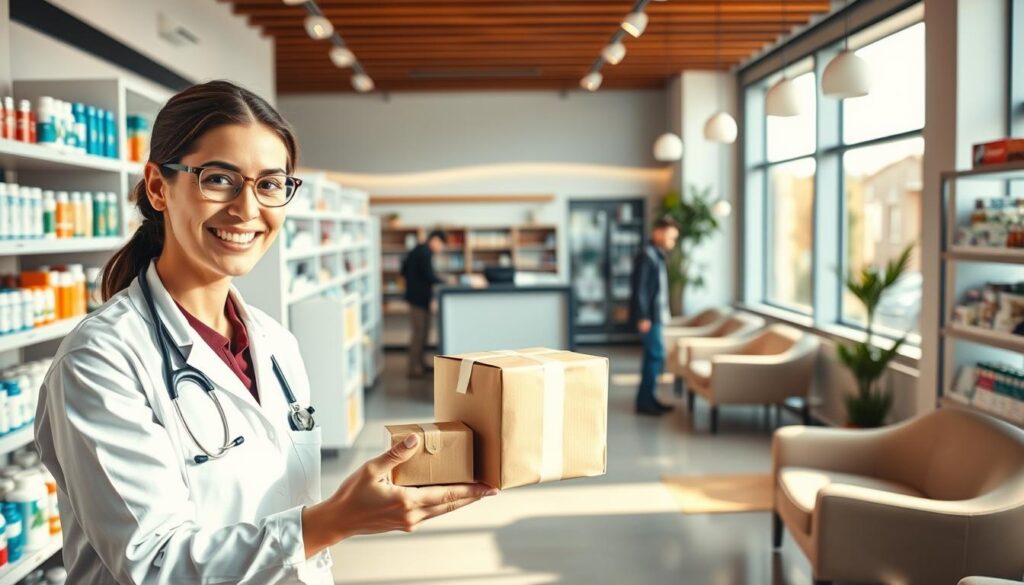 A modern and well-equipped pharmacy with a warm, welcoming atmosphere. In the foreground, a friendly pharmacist hands a package to a satisfied customer, emphasizing the trusted and efficient prescription delivery service. The middle ground showcases a clean, organized pharmacy interior with shelves of medications and medical supplies. In the background, a cozy waiting area with comfortable seating and soothing lighting, conveying a sense of care and professionalism. The scene is illuminated by natural light filtering through large windows, creating a bright and tranquil ambiance. The overall impression is one of a reliable, trustworthy healthcare provider dedicated to the well-being of its patients.