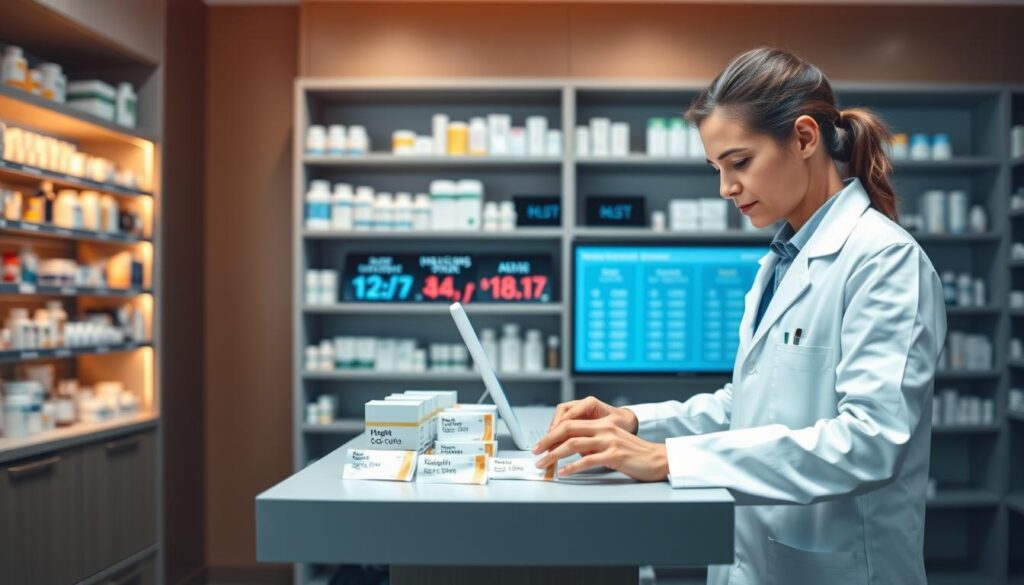 A modern and well-organized pharmacy counter with a sleek, minimalist design. In the foreground, a pharmacist dressed in a crisp white lab coat carefully arranges personalized medication packages, each labeled with a patient's name. The middle ground features a digital display showing a patient's medication schedule and dosage information. In the background, shelves stocked with various pharmaceuticals and medical supplies create a sense of professionalism and expertise. The lighting is warm and inviting, casting a gentle glow over the scene, conveying a atmosphere of care and attention to detail. The overall composition suggests a personalized, efficient, and trustworthy healthcare experience.
