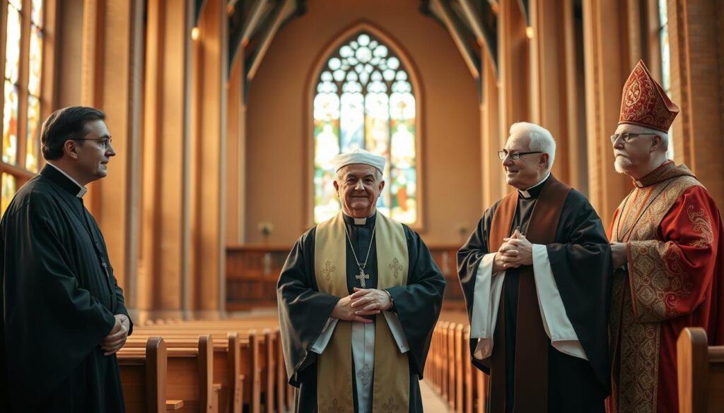 A modern cathedral interior with warm, natural lighting, the stained glass windows casting a soft glow. In the foreground, three clergy members in distinct denominations - a Lutheran pastor in a black robe, an LCMS minister in a white alb, and an ELCA bishop in an elaborate ecclesiastical vestment. They stand side by side, engaged in a thoughtful discussion, representing the denominational landscape of Evangelical Lutheranism. The middle ground shows rows of wooden pews, while the background reveals a tranquil, contemplative atmosphere, inviting the viewer to explore the nuances of these related yet distinct Lutheran traditions.