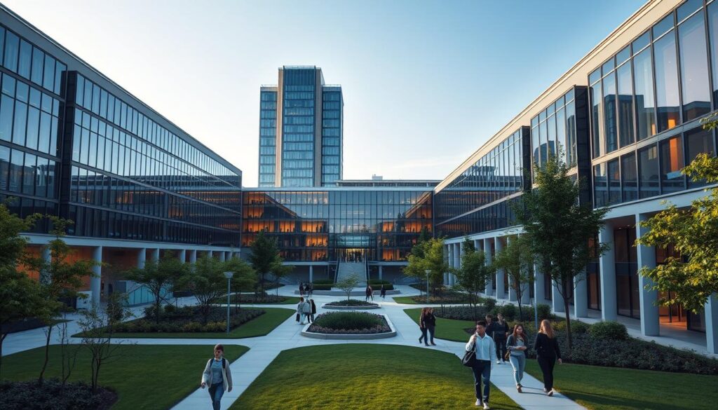 A modern, expansive university campus nestled amidst lush greenery. Imposing glass-and-steel academic buildings with sleek, contemporary architecture stand tall, their facades reflecting the clear blue sky. In the foreground, students stroll along well-manicured pathways, carrying laptops and textbooks. A state-of-the-art library with floor-to-ceiling windows dominates the middle ground, its interior bathed in warm, natural light. In the background, a striking administrative tower rises, its angular design complemented by strategically placed landscaping elements. The overall atmosphere exudes a sense of intellectual vibrancy, productivity, and community.
