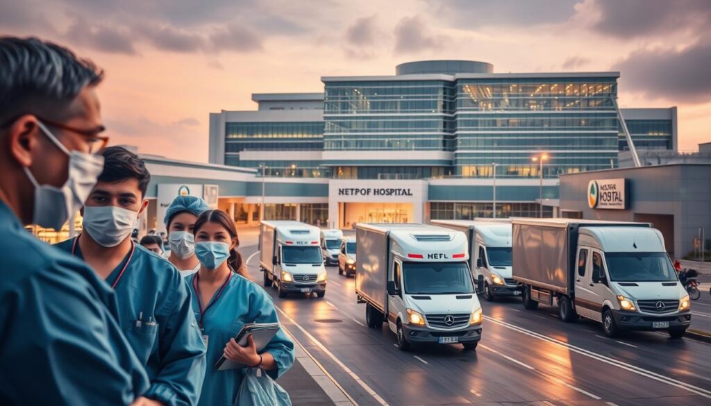A modern hospital campus undergoing a complex relocation process. In the foreground, medical personnel coordinate the careful transfer of patients and critical equipment, their faces etched with concentration. In the middle ground, a fleet of specialized moving trucks and vans navigates the bustling campus, efficiently transporting supplies and materials. In the background, the new state-of-the-art hospital facility stands ready, its sleek architecture and gleaming glass facade signaling a new era of healthcare excellence. Soft, warm lighting illuminates the scene, casting a sense of order and professionalism. The entire composition conveys the meticulous planning and execution required to seamlessly transition a major medical center to a new location.