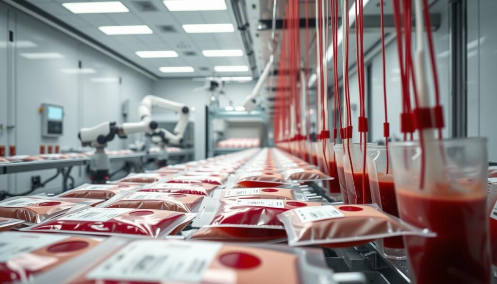 A modern, hygienic blood storage and transportation facility. In the foreground, pristine blood bags are carefully arranged, each labeled with crucial details. In the middle ground, robotic arms efficiently sort and handle the precious cargo. The background reveals a sleek, temperature-controlled environment with state-of-the-art monitoring systems, ensuring the blood's integrity is maintained throughout the journey. Soft, diffused lighting bathes the scene, conveying a sense of precision and care. The overall atmosphere exudes a clinical yet reassuring ambiance, reflecting the critical importance of safely managing this rare, life-saving resource.